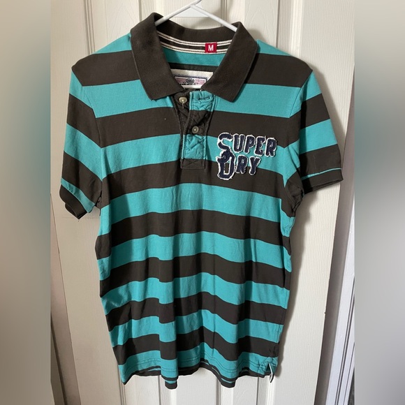 SuperDry Collared Polo Tee Shirt - Green Stripes with pocket - Picture 5 of 5